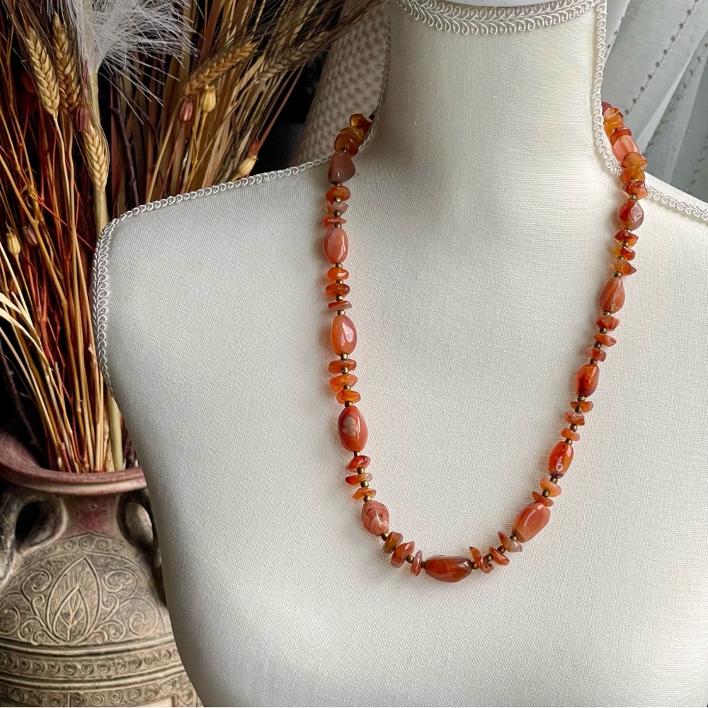 Handmade Polished Carnelian Semi-Precious Gemstones 24" Necklace Hook Clasp